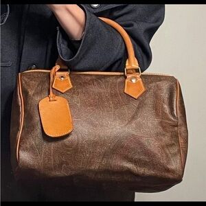Etro Authentic Vintage Paisley Print and Tan Leather Boston Bag
